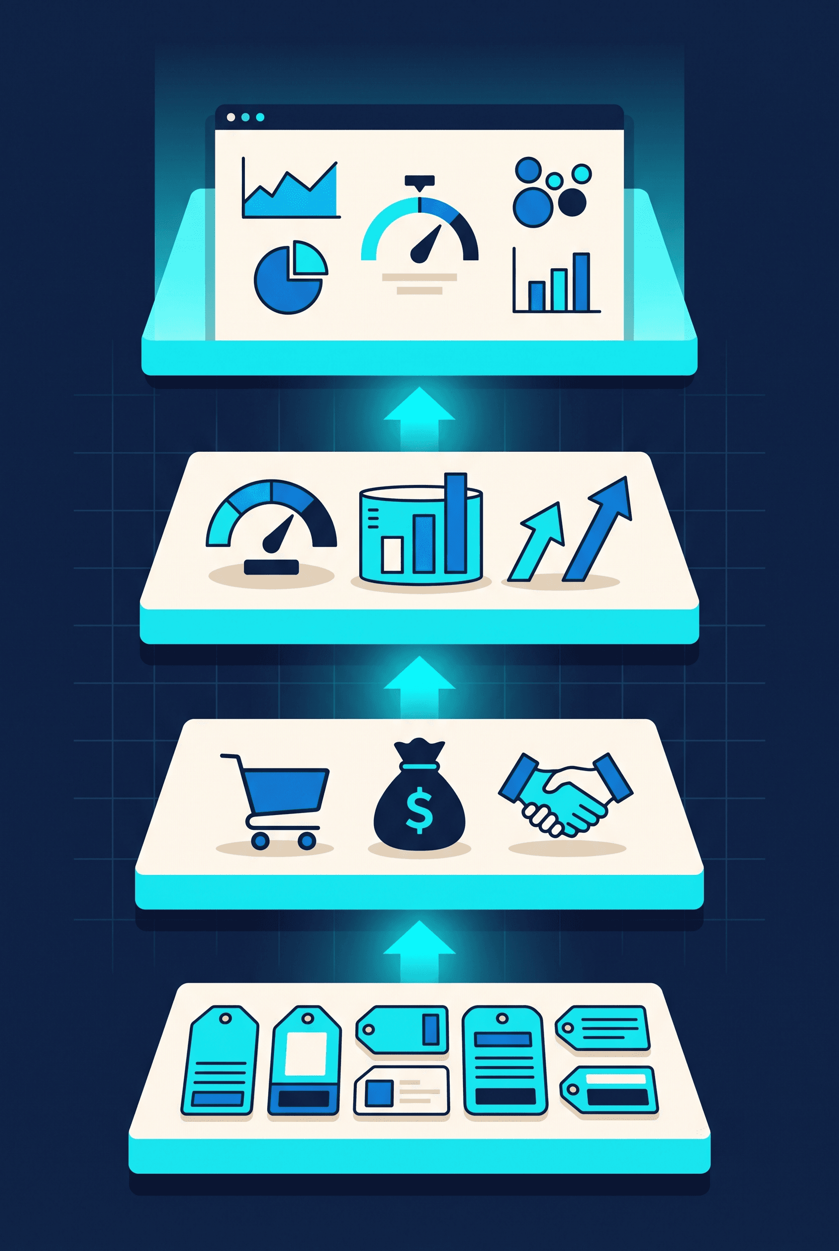 The measurement stack, built bottom-up: clean UTMs, tracked conversions, metrics, then dashboard.